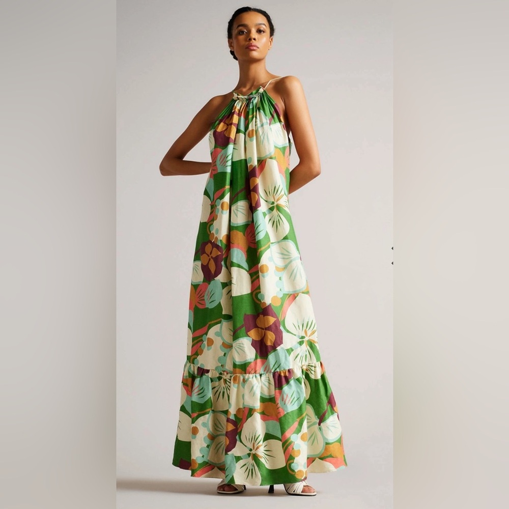 Ted Baker Green Dulina Strappy Linen Maxi Dress With Pleat Detail